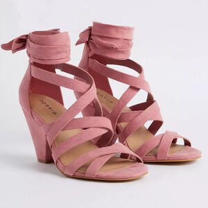 New Torrid 12WW Sexy Strappy Cone Heel Faux Suede Rose Pink 3.5" Heels Shoes
